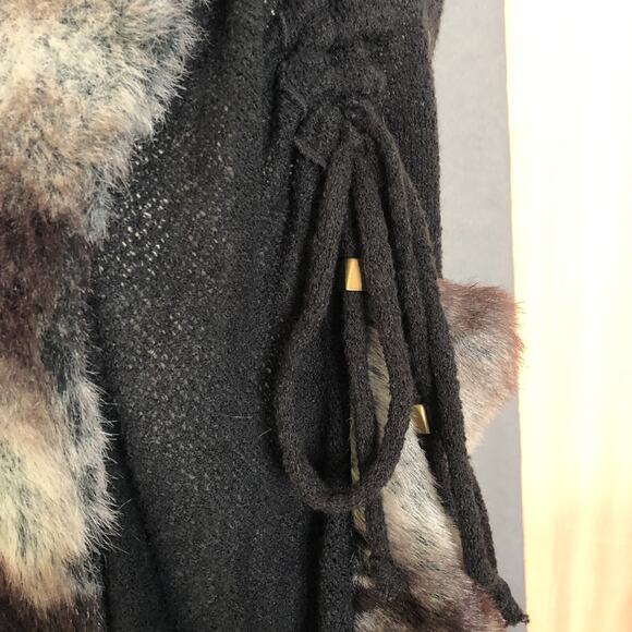 Pretty Angel Faux Fur Trimmed Duster Vest Black Linen Wool Knit Cardigan S/M - Picture 7 of 16